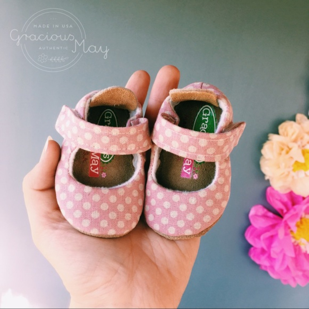 Pink Ivory Polka Dot Mary Janes Baby Booties Shoes